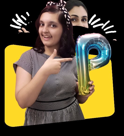 Prakriti Kalra (Pihu) holding a foil balloon letter “P”, from the About page of the Aayu and Pihu Show official website