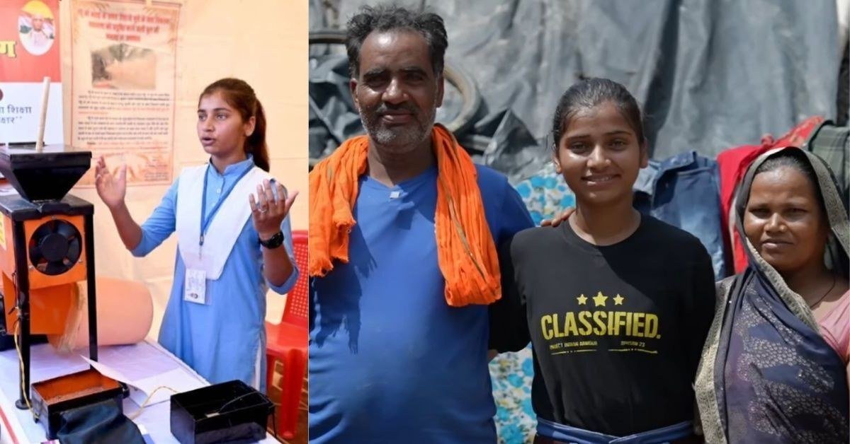 Pooja Pal presenting her dust-free thresher model at an exhibition, and standing with her parents