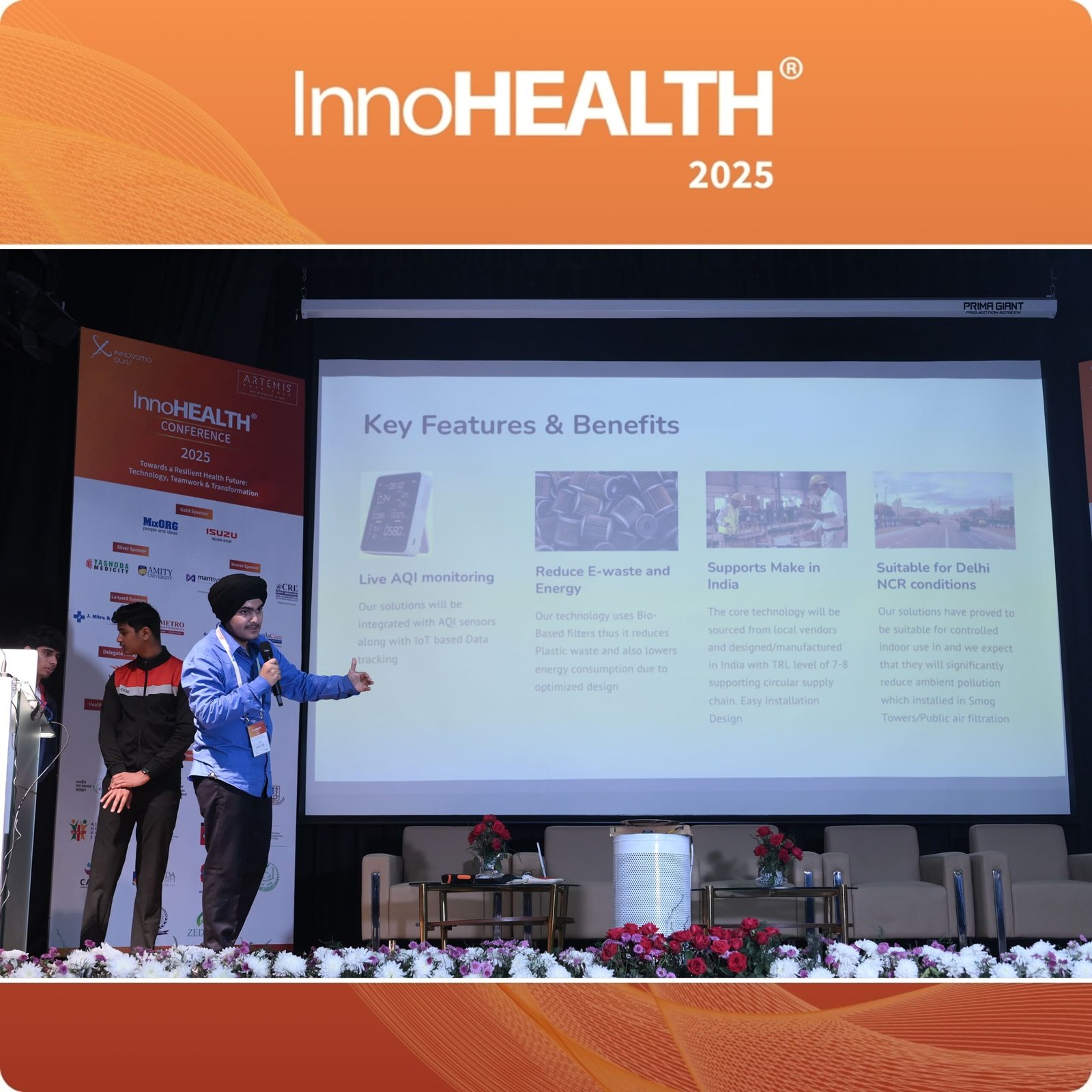 Tanjot Singh presenting his air-filtration innovation on stage at InnoHEALTH 2025