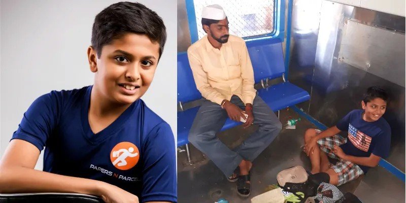 Tilak Mehta smiling at the camera in a Papers N Parcels T-shirt (left panel), beside a dabbawala in a train compartment (right panel) — the lead image of YourStory’s 2018 profile of him